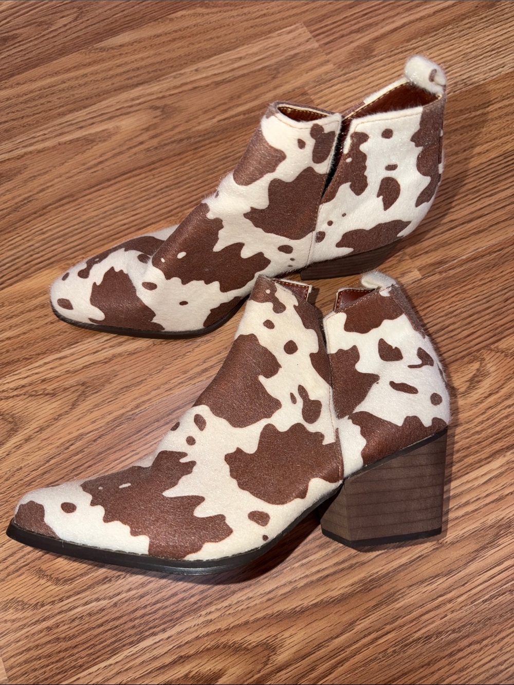 Cow Print Ankle Booties in Brown and White - Womens Block Heel Boots